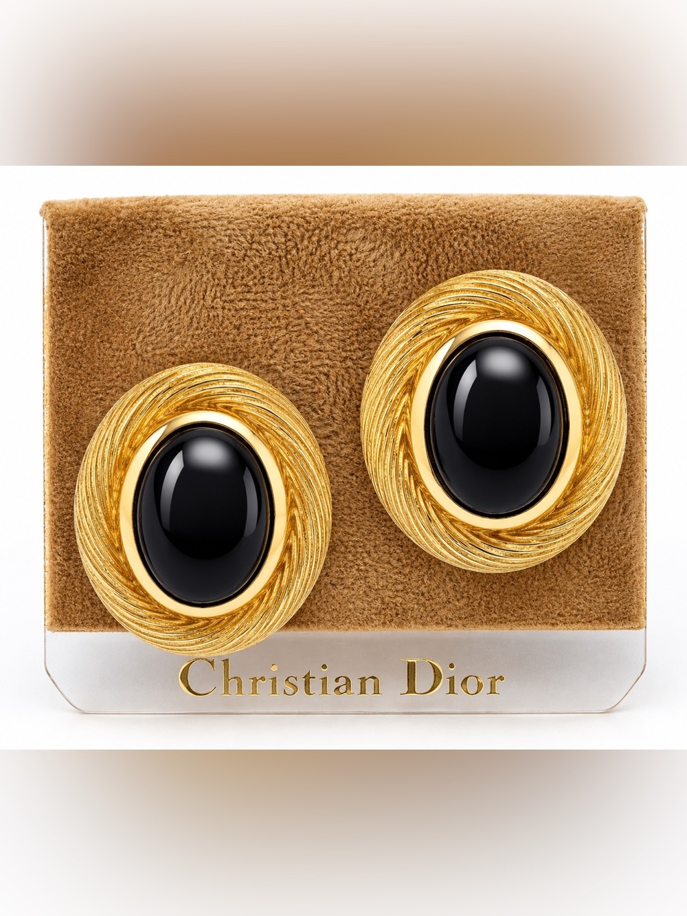 Vintage Christian Dior Black Cabochon Clip Earrings NOS NWT